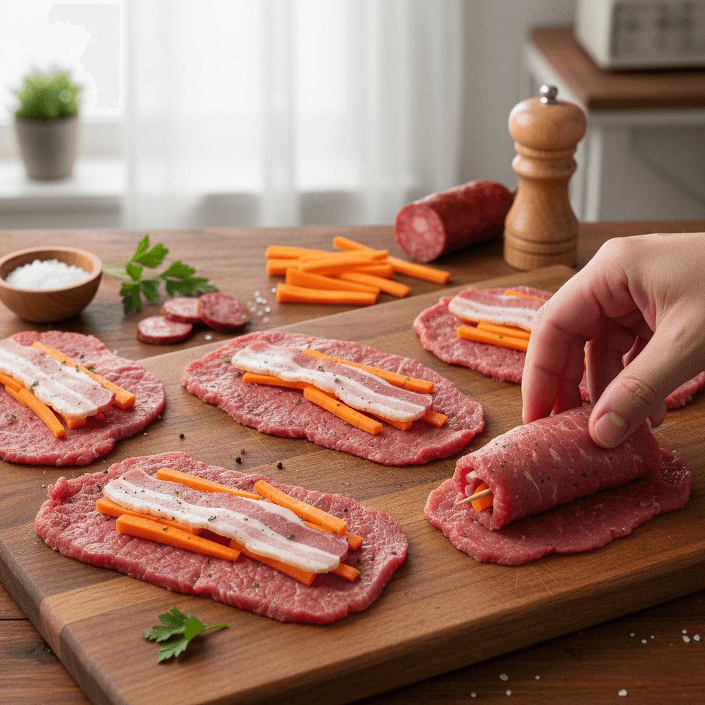 Bife a rolê na panela de pressão: Receita rápida e fácil 3 Bife a rolê na panela de pressão sendo preparado e recheado