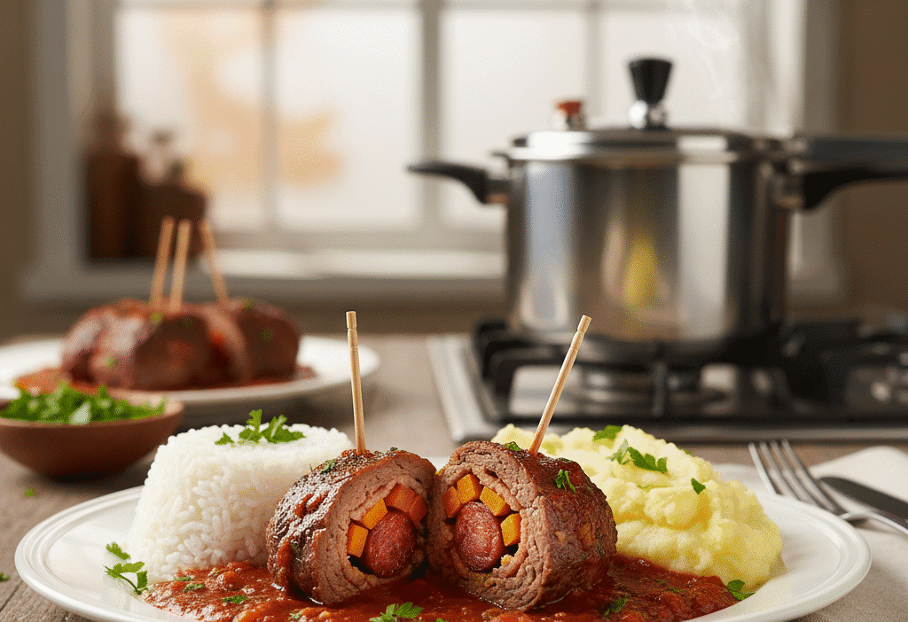 Bife a rolê na panela de pressão finalizado e com acompanhamentos