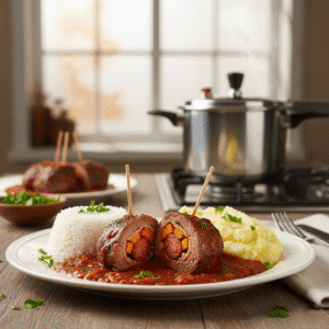 Bife a rolê na panela de pressão finalizado e com acompanhamentos