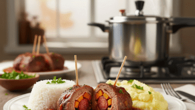 Bife a rolê na panela de pressão finalizado e com acompanhamentos