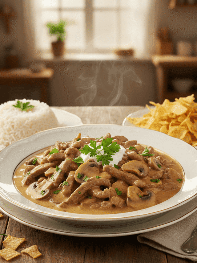 Strogonoff de filé mignon cremoso com cogumelos e conhaque