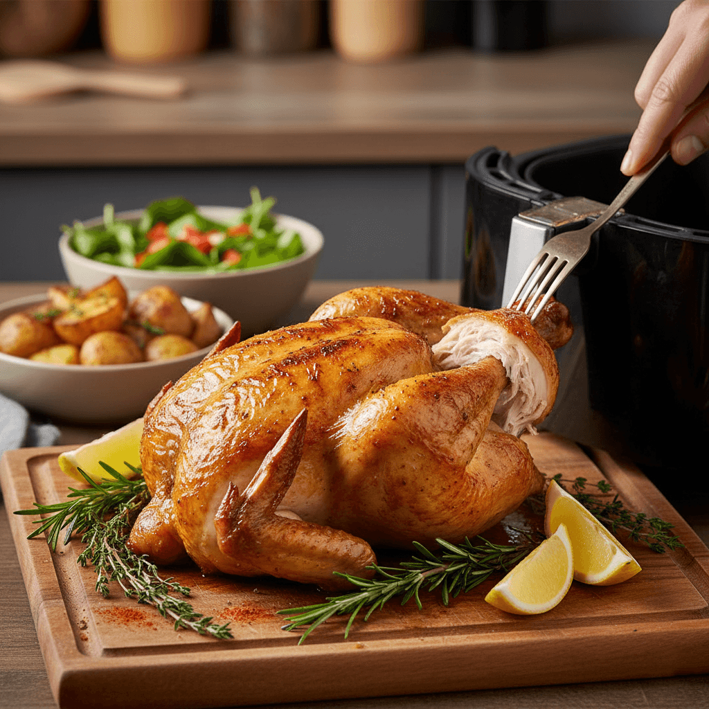 Frango assado na airfryer: Receita com crocância e sabor 4 Como todo bom prato da culinária brasileira, o frango assado na airfryer vai muito bem acompanhado de batatas rústicas, mix de legumes assados, farofa de banana ou de ovos e salada verde com molho cítrico.