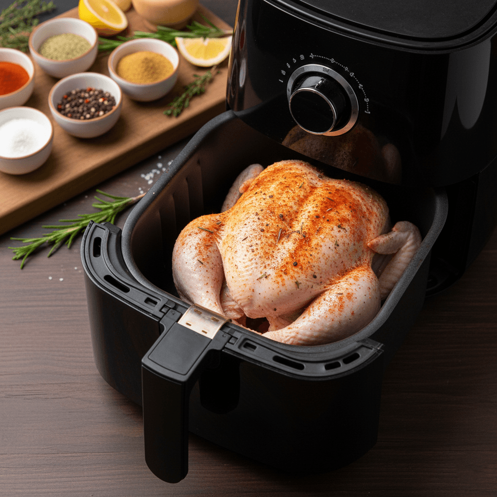 Frango assado na airfryer: Receita com crocância e sabor 3 Frango temperado posicionado com o peito para baixo no cesto da airfryer antes de assar.