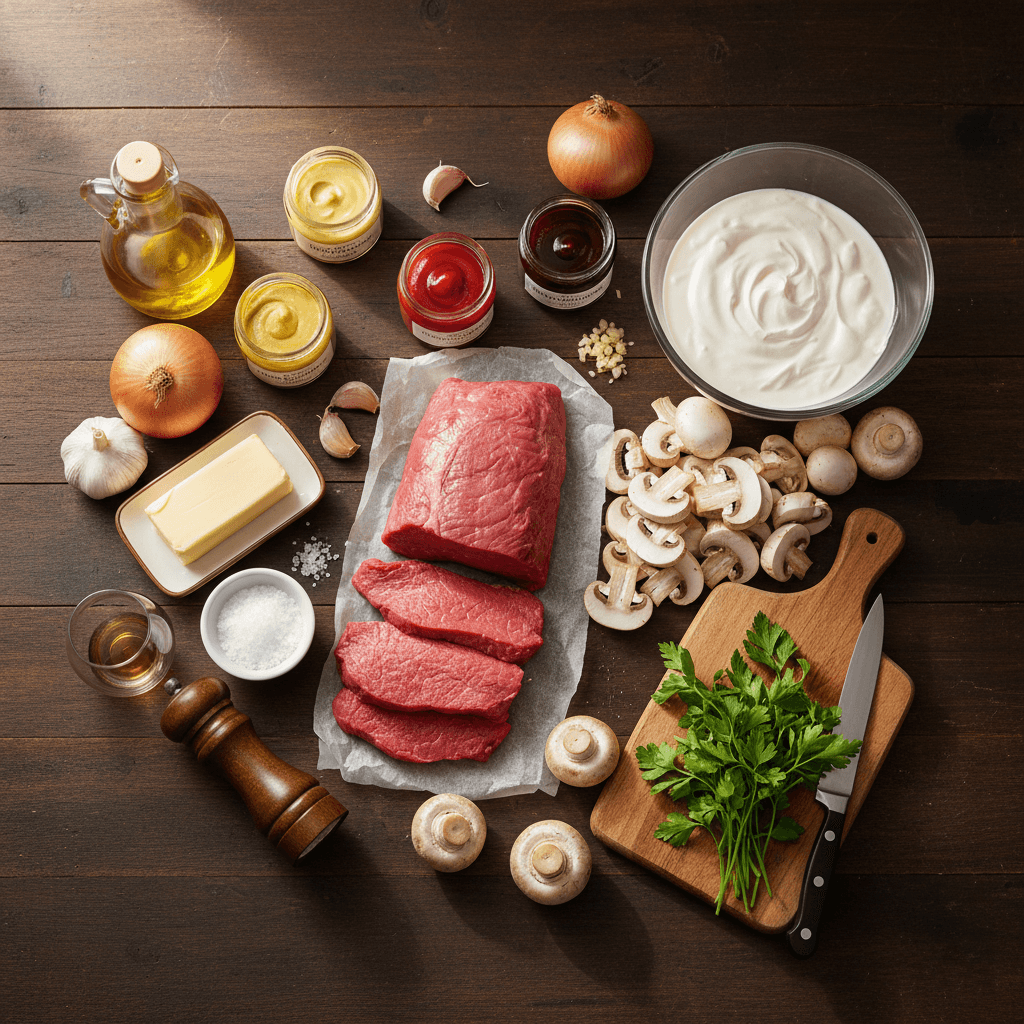 Strogonoff de filé mignon cremoso com cogumelos e conhaque 2 Ingredientes Strogonoff de filé mignon