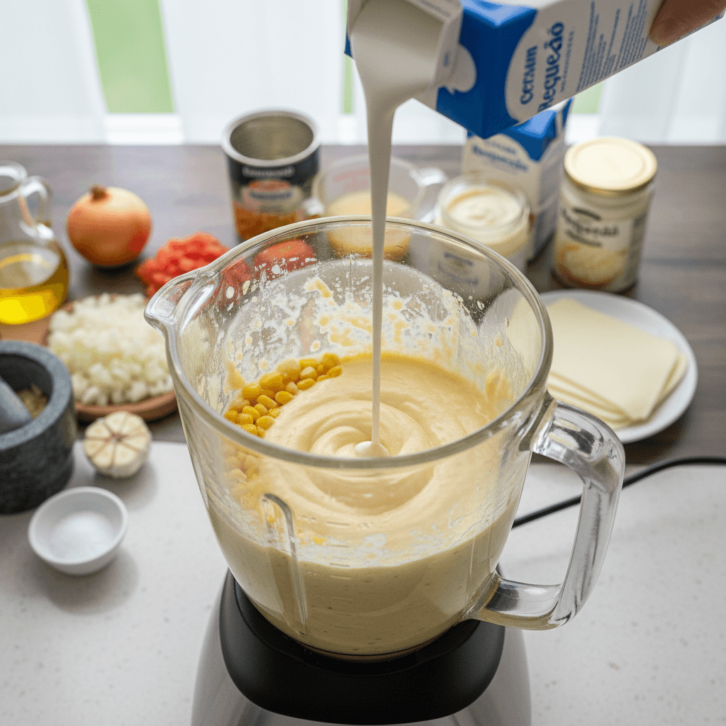 Fricassé de frango com creme de milho: Receita rápida 3 Ao preparar o creme de milho do fricassé no liquidificador, verifique se a textura ficará lisa e homogênea.