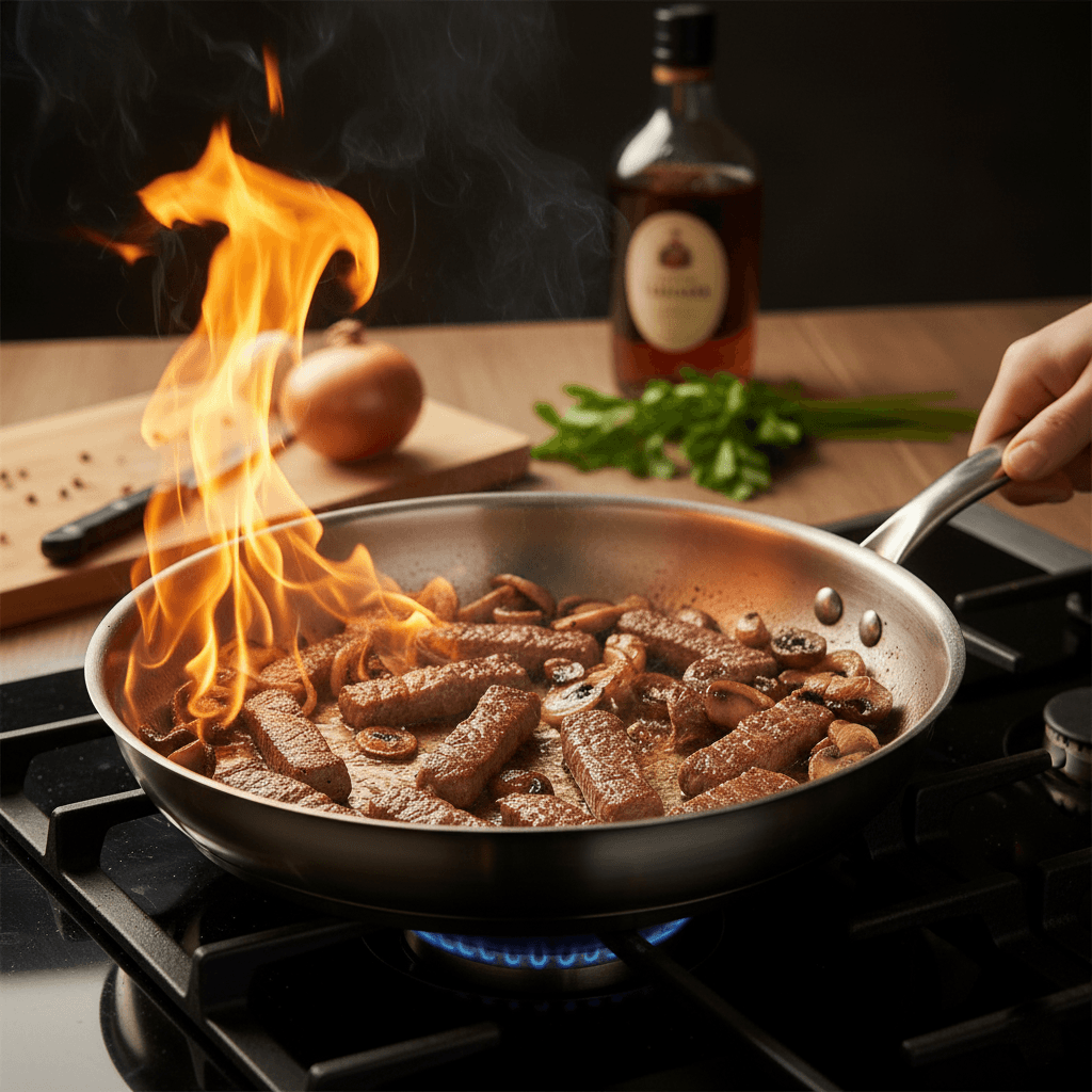 Strogonoff de filé mignon cremoso com cogumelos e conhaque 3 Strogonoff de filé mignon sendo flambado