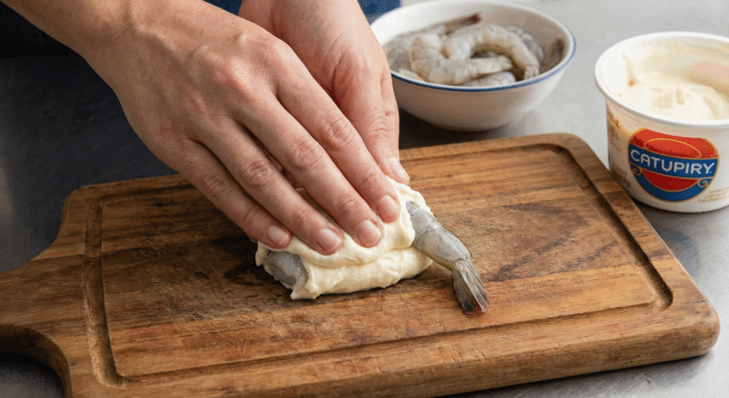 Recheio com queijo camarão empanado
