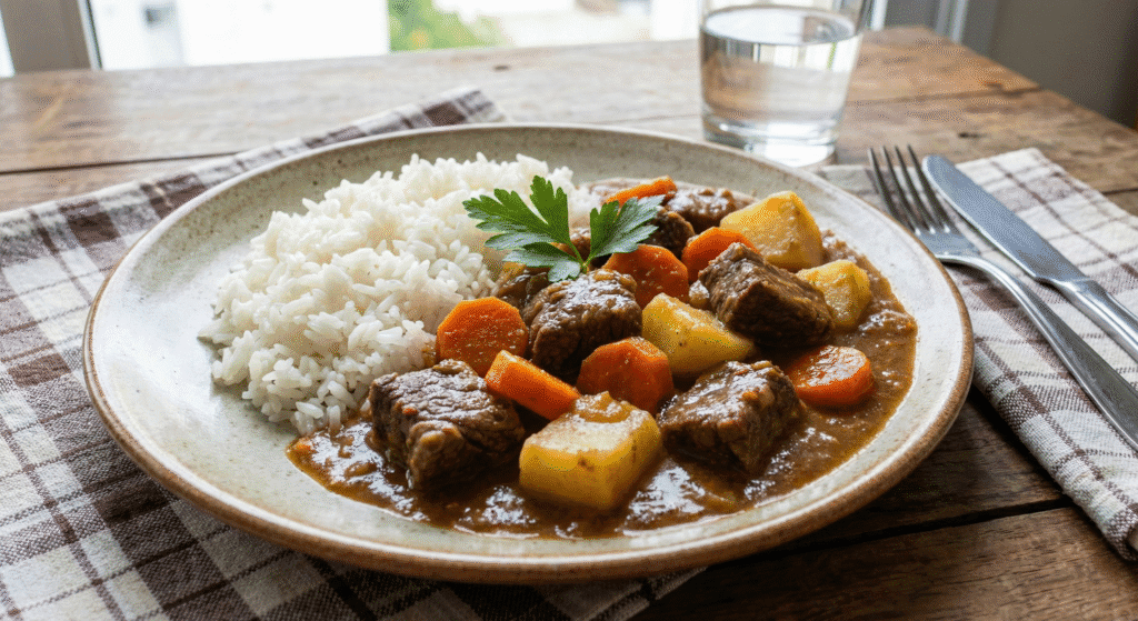 Picadinho de carne com legumes e arroz branco